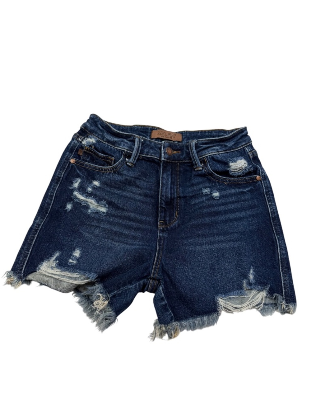 Judy Blue Rigid Magic High Waist Distressed Fray Hem Shorts Medium Dark Wash
